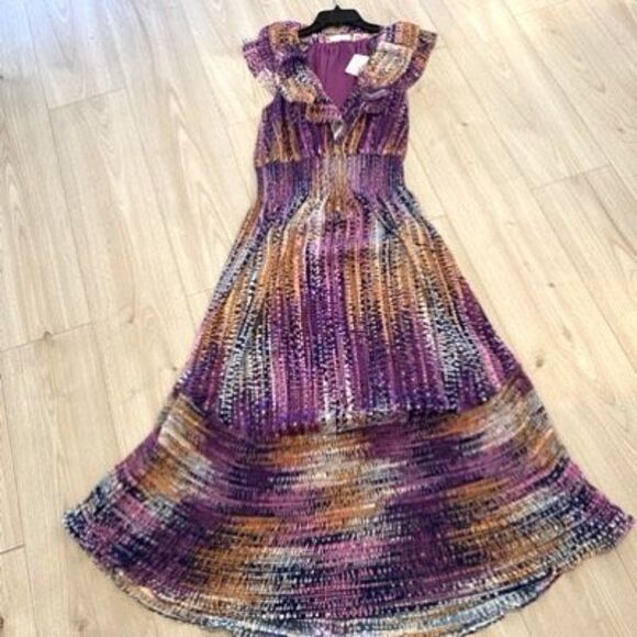 Ramy Brook Multicolor Patterned Maxi with v-neck ruffled sleeveless bodice Sz M, - Picture 11 of 13